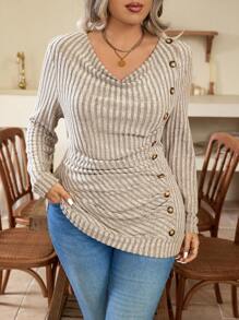 Nubod 大码女式春夏纯色垂领长袖罗纹纽扣装饰休闲 T 恤 - 杏色 - 查看 3