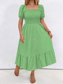 SHEIN LUNE Plus Size Women Summer Solid Color Square Neck Short Puff Sleeve Button Decor Ruffle Hem Casual Dress - Green - View 3