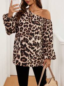 SHEIN Pregnant Women's Casual Asymmetric Collar Lantern Sleeve Loose Fit Leopard Print Blouse, Spring Summer, For Maternity - Brown - View 1