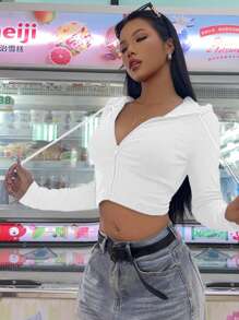 SHEIN EZwear 女式简约休闲骷髅图案印花连帽拉链运动衫，秋冬，长袖上衣 - 白色 - 查看 6