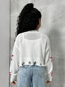 SHEIN Tween Girl  Oversized Loose Star Printed Frayed Edge Knit Short Cardigan - Multicolor - View 2