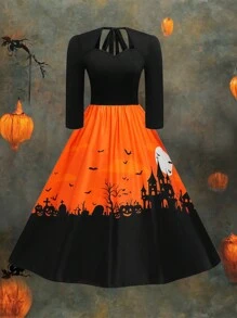 SHEIN LUNE Halloween Plus Size Women's Summer Castle Print Tie Back 3/4 Sleeve Maxi Elegant Dress