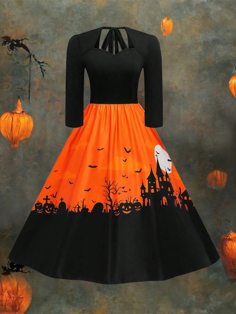 SHEIN LUNE Halloween Plus Size Women's Summer Castle Print Tie Back 3/4 Sleeve Maxi Elegant Dress