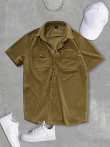 Manfinity Roghcode Men's Solid Color Minimalist Casual Short Sleeve Shirt - Brown - View 1
