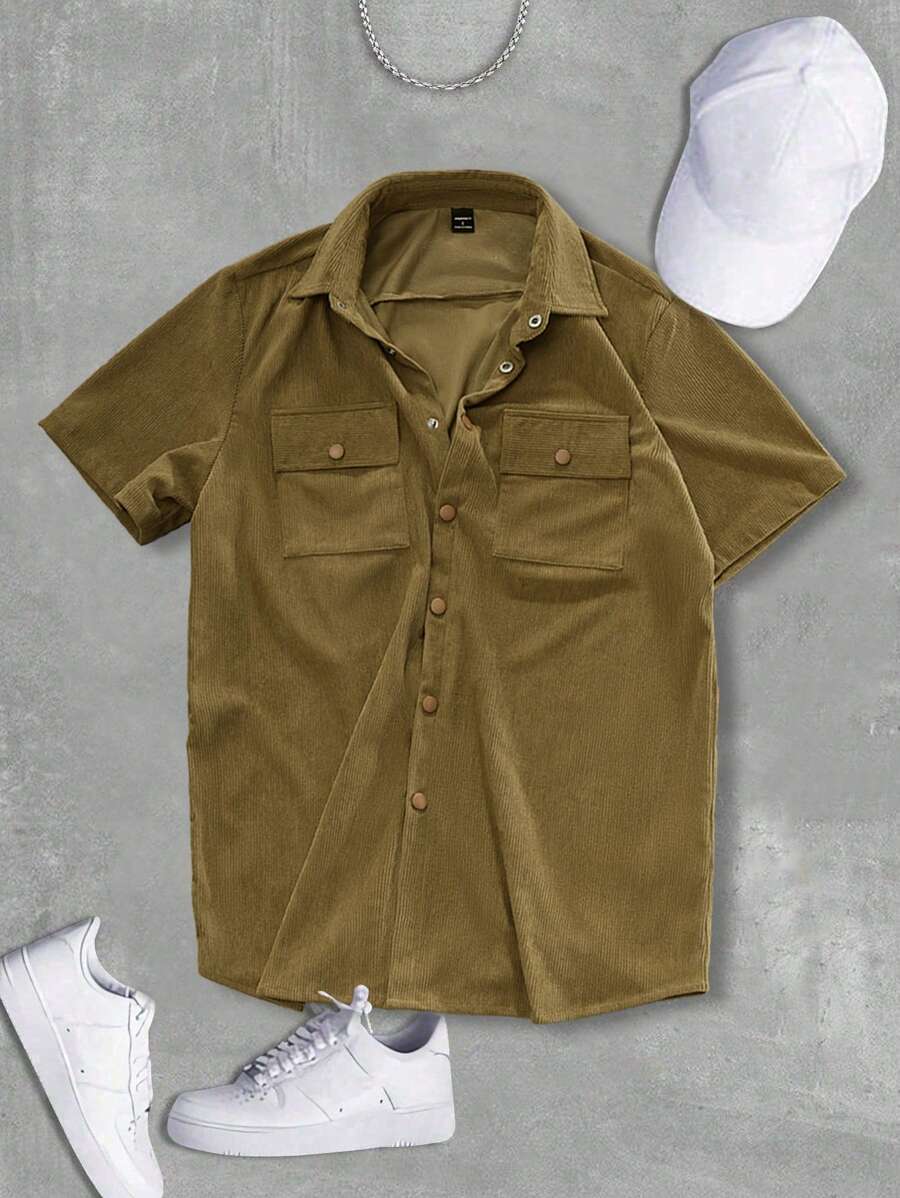 Manfinity Roghcode Men's Solid Color Minimalist Casual Short Sleeve Shirt - Brown - View 1