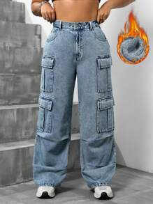 SHEIN ICON Quần Jeans Denim Thường Ngày Vải Chải Nhiệt Cỡ Lớn Cài Nút Phía Trước Nhiều Túi, Mặc Hàng Ngày, Denim Dày - Màu xanh lam - Xem 1
