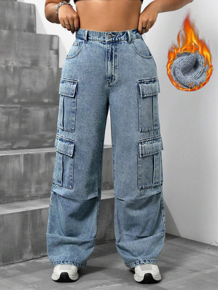 SHEIN ICON Quần Jeans Denim Thường Ngày Vải Chải Nhiệt Cỡ Lớn Cài Nút Phía Trước Nhiều Túi, Mặc Hàng Ngày, Denim Dày - Màu xanh lam - Xem 1