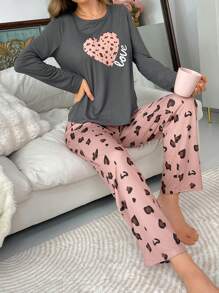 Leopard Heart Print Loose Casual Pullover Pajamas Set For Women, Fall Winter Clothes Cozy And Elegant Details - Grey - View 5