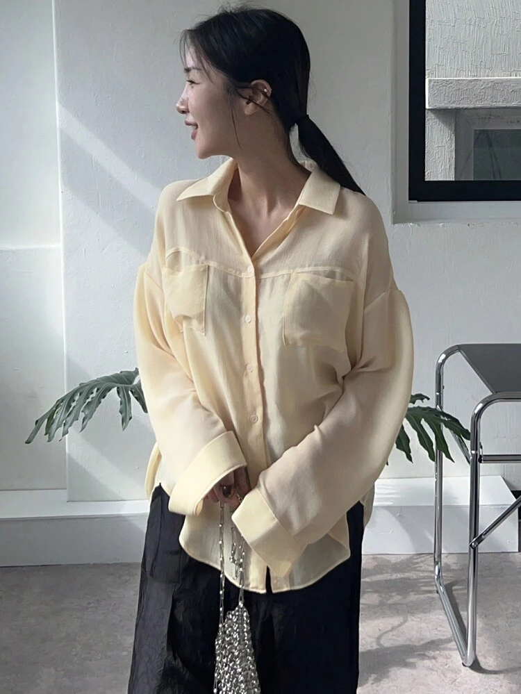Women's Loose Solid Color Turndown Collar Pocket Casual Shirt, Spring/Autumn,Fall Women Clothes Long Sleeve Top