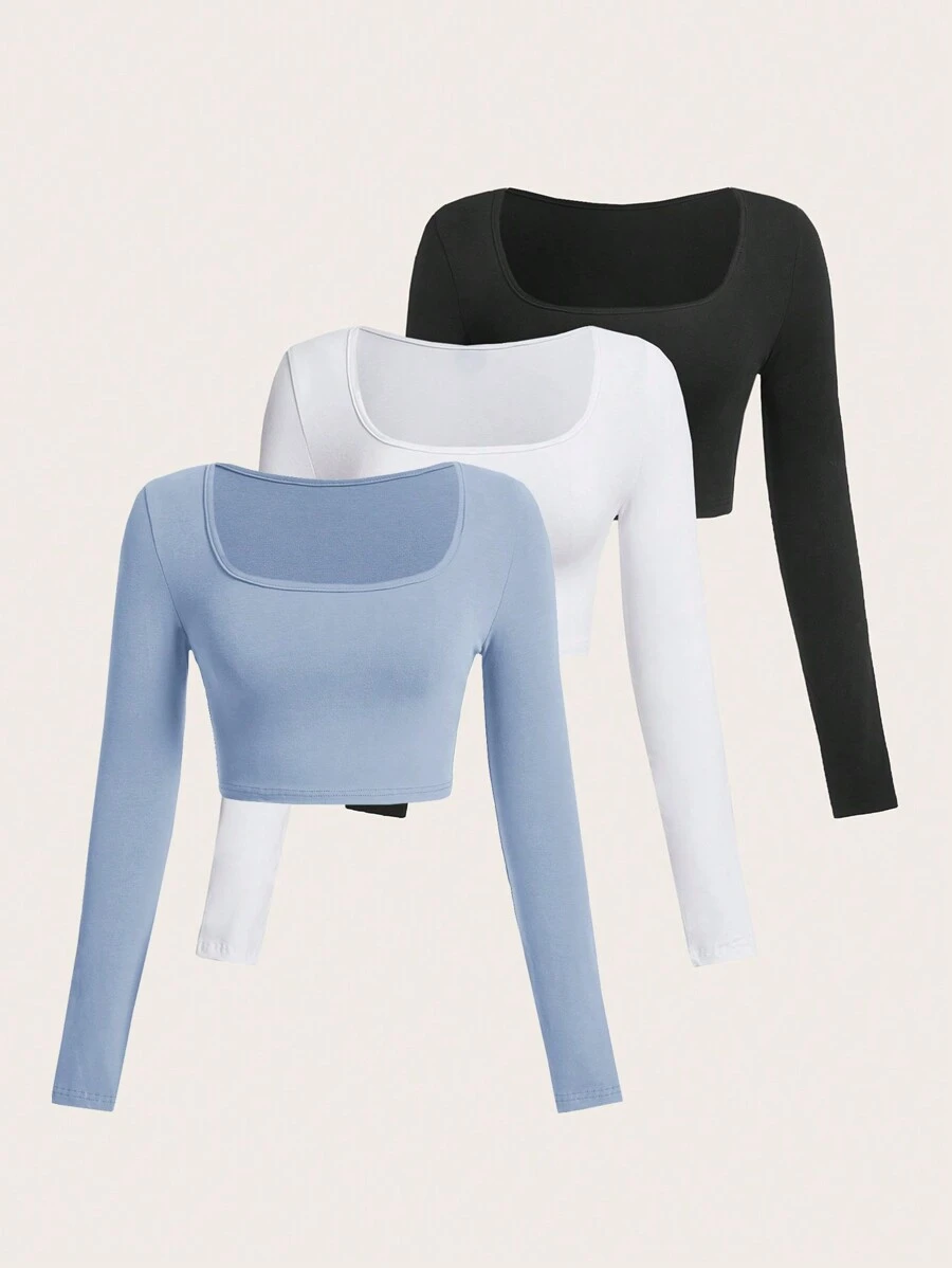 SHEIN EZwear Multicolor Knit Tight Fit Women T-Shirt - Blue - View 1