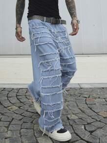 Manfinity EMRG Men's Casual Loose Fit Patchwork Frayed Hem Wide Leg Jeans - Baby Blue - View 4