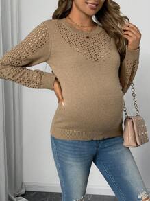 SHEIN Maternity Round Neck Hollow Out Solid Color Long Sleeve Casual Sweater, Autumn/Winter - Khaki - View 3
