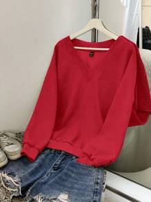 SHEIN EZwear 女士休闲超大V领宽松运动衫，红色，适合秋冬季 - 紅色 - 查看 2
