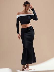 Glamine 2pcs Retro Black&White Off Shoulder Bodycon Fishtail Skirt Set - Black - View 4