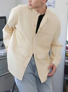 Claim Dot Casual Retro Loose Fit Light Khaki Denim Men's Shirt - Dusty Blue - View 5