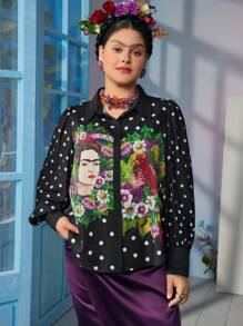 Frida Kahlo X SHEIN Plus Size Modieuze Polka Dot Puff Sleeve Bloemenprint Blouse, Geschikt Voor Woon-werkverkeer En Vakantie, Zwart
