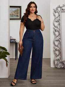 SHEIN LUNE 高腰寬腿牛仔褲，適用於日常穿著 - 深色水洗藍 - 查看 4