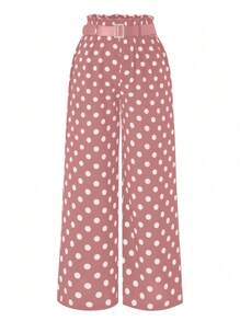 SHEIN Clasi Plus Size Women's Casual Polka Dot Wide Leg Pants With Frill Waist - Pink - View 1