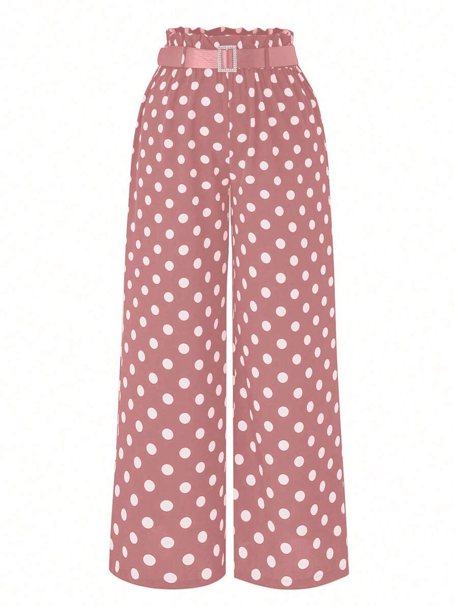 SHEIN Clasi Plus Size Women's Casual Polka Dot Wide Leg Pants With Frill Waist - Pink - View 1