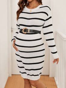 SHEIN Pregnant Women's Striped Round Neck Batwing Long Sleeve Casual Sweater Dress, Autumn/Winter, For Maternity