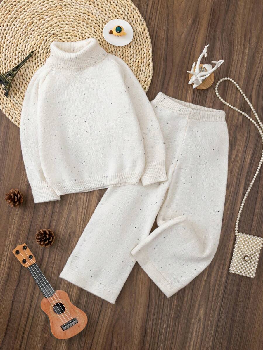 SHEIN Vintaside Kids 年轻女孩罗纹高领上衣和直筒裤 2 件套针织毛衣套装,适合秋冬季休闲户外穿着 - 白色 - 查看 1