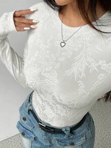 SHEIN X  Ignacia Antonia SHEIN Unity Áo thun ôm dáng cổ tròn tay dài họa tiết hoa dành cho nữ, mùa xuân và mùa hè - trắng - Xem 5