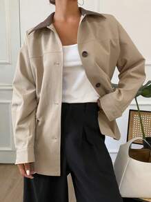 Livesso Color Block Long Sleeve Pocket Design Loose Fit Longer Jacket For Women,Fall Women Clothes Women Coats - Khaki - View 8