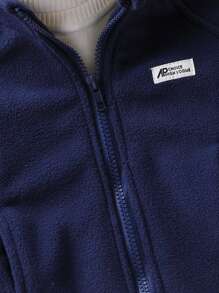 1 pièce Veste à col montant et zip pour bébé garçon en polaire, avec lettres et poches, porter décontracté pour l'extérieur, chaud pour l'automne/l'hiver - Bleu marine - Voir 4
