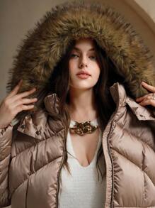 Anewsta 大码连帽长袖温柔优雅长款加厚可拆卸蓬松领可拆卸兜帽腰带双拉链外套