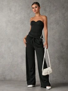 SHEIN BAE Celana Kasual Longgar Kaki Lebar dengan Sisipan Webbing di Samping dan Tali Serut di Pinggang untuk Wanita - Hitam - View 5