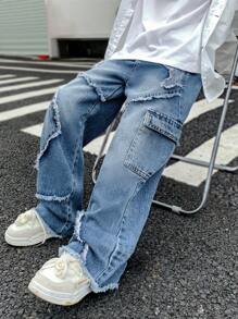 SHEIN Pantalones vaqueros anchos azules con parches y bordes desgastados de tipo estrella en parchwork para niños preadolescentes, para ropa de regreso a la escuela y otoño de niños preadolescentes - Azul lavado medio - Ver 6