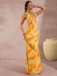 L'Amorae Vestido elegante de mujer con estampado floral, cuello en V profundo y sin mangas de largo maxi para el verano - Multicolor - Ver 4