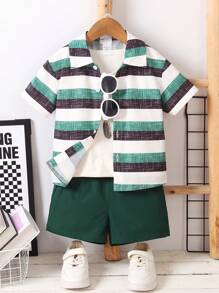 SHEIN Bộ 2 món/Bộ áo sơ mi sọc tay ngắn cài nút phía trước và quần short trang phục thường ngày cho bé trai - Nhiều màu - Xem 1