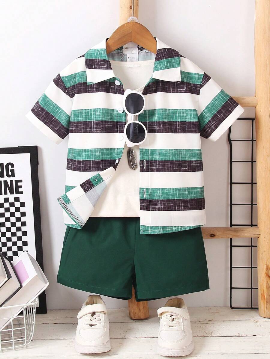 SHEIN Bộ 2 món/Bộ áo sơ mi sọc tay ngắn cài nút phía trước và quần short trang phục thường ngày cho bé trai - Nhiều màu - Xem 1