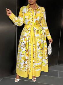 Slaydiva Fall Clothing Gorgeous High Price Palace Women's Plus Size Long Dress Long Sleeve Shirt Style A-Line,Beach Dress Sundress,Holiday Outfits Boho - Yellow - View 1