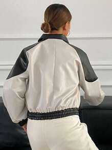 DAZY 拼布撞色 PU 领超大长袖提花图案女式夹克，秋季女装 - 黑色 - 查看 2