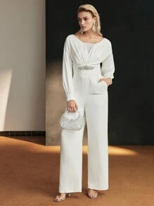 MOTF PREMIUM DROP SHOULDER OVERSIZE RHINESTONE WAIST JUMPSUIT - White - View 5