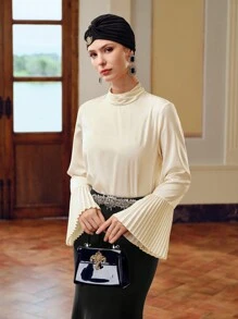 ZEYLAH 纯色褶饰立领褶皱喇叭袖衬衫 - 杏色 - 查看 6