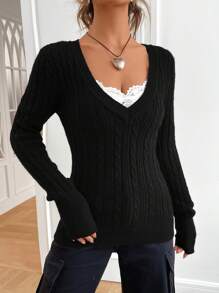 SHEIN EZwear Women's Spring Fashionable 1pc Solid Cable Knit V Neck Sweater,Ladies Spring/Fall Casual Cable-Knit,Contrast Lace Long Sleeve Slim Fit Brown Regular Sleeve Pullovers Women Sweaters,Long Sleeve Tops - Black - View 6