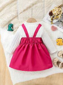 女婴可爱恐龙印花背心裙针织提花套装，春/秋 - 玫紅色 - 查看 2