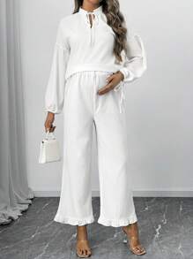 SHEIN Bộ 2 chiếc áo thun tay loe cổ chữ V rộng rãi màu trơn và quần ống rộng, dành cho bà bầu - trắng - Xem 4