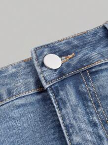 SHEIN MOD Women Front Button Multiple Pockets Frayed Hem Denim Mini Skirt - Light Wash - View 3