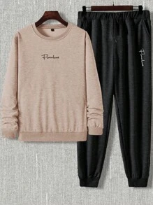 SHEIN Cottnline Men Letter Graphic Sweatshirt & Sweatpants - Camel - View 2