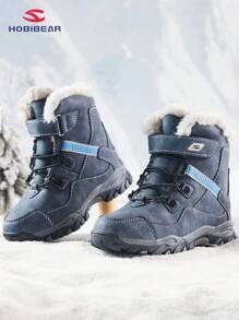 Kids Snow Boots With Plush Lining, Winter Warm Waterproof Non-Slip Outdoor Booties For Boys And Girls, Thick Sole, Grow-With-Me Size, Black