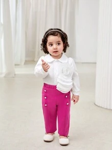 Baby Girl Casual White Floral Print Shirt & Fuchsia Trousers 2 Pcs Set, Autumn/Winter - Hot Pink - View 7