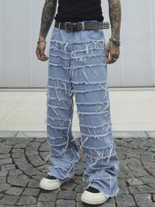 Manfinity EMRG Men's Casual Loose Fit Patchwork Frayed Hem Wide Leg Jeans - Baby Blue - View 5