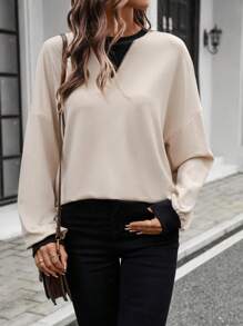 SHEIN LUNE Women's Color Block Round Neck Casual Sports Sweatshirt, Warm For Fall/Winter - Khaki - View 3