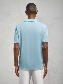 AKNOTIC Business Casual Chemise polo décontractée à col claudine, imprimé lettres, maille ajustée, été - Bleu ciel - Voir 7
