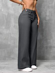 SHEIN SXY 女式休闲纽扣直筒牛仔裤 - 深灰色 - 查看 5