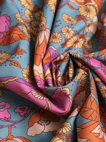 SHEIN LUNE 大码 V 领长袖优雅抽绳褶皱时尚连衣裙 - 彩色 - 查看 5